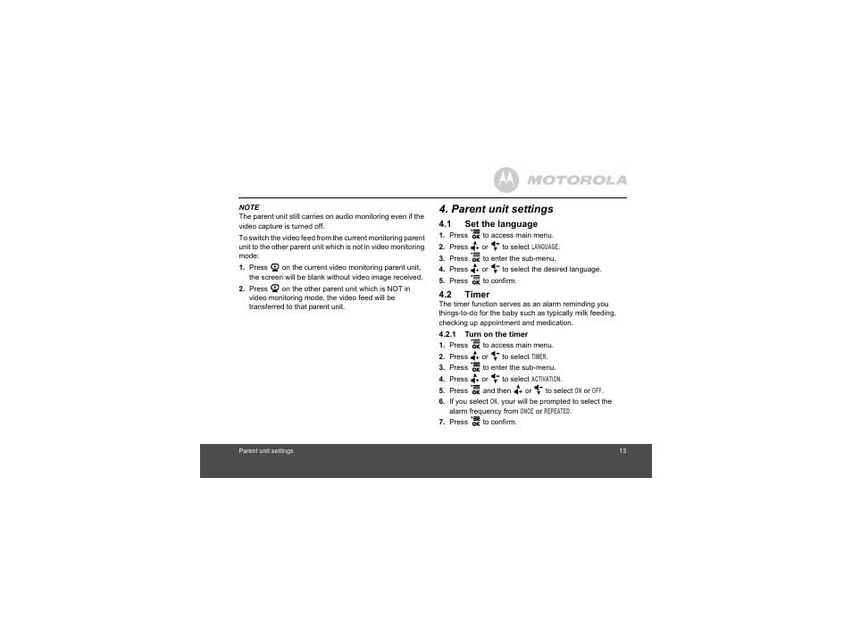 Parent unit settings, 1 set the language 4.2 timer, 1 turn on the timer | Motorola MBP20 User Manual | Page 13 / 23