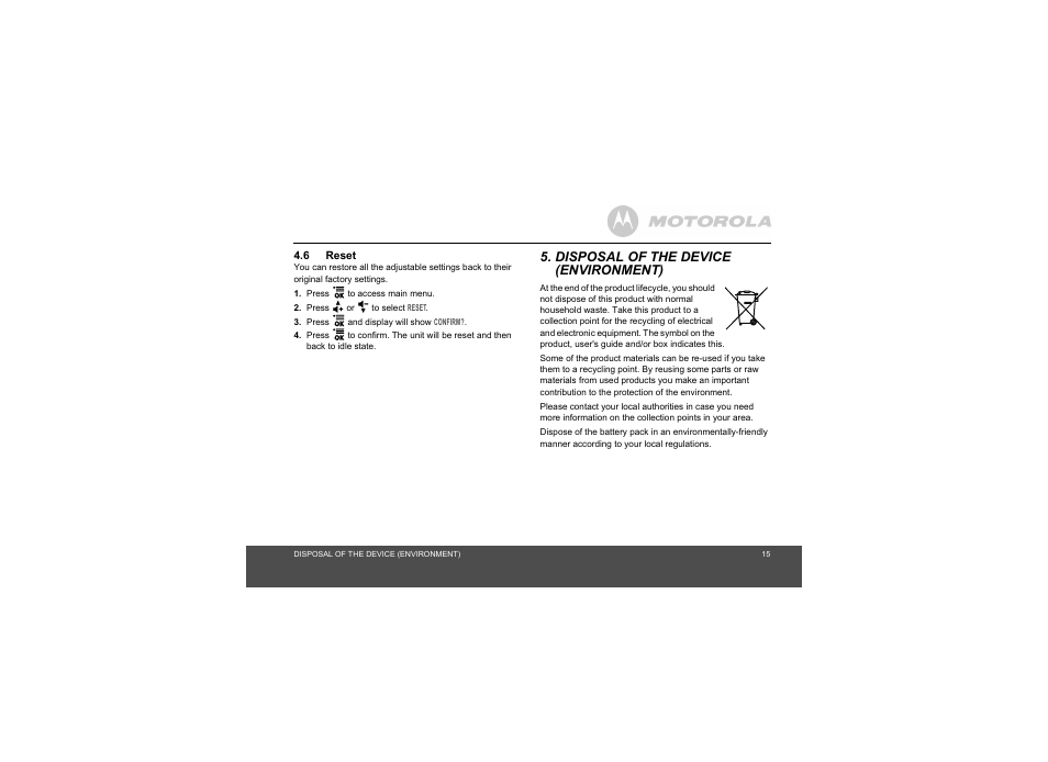 Disposal of the device, 6 reset, Disposal of the device (environment) | Motorola MBP20 User Manual | Page 15 / 23