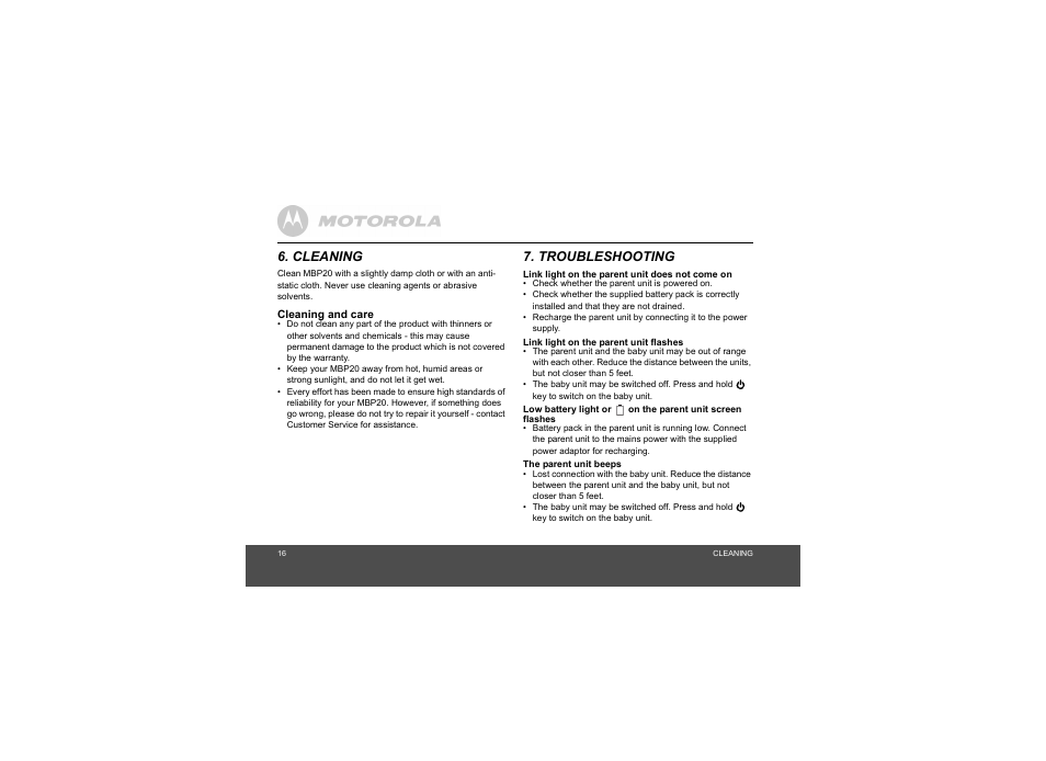 Cleaning, Troubleshooting, Cleaning 7. troubleshooting | Motorola MBP20 User Manual | Page 16 / 23