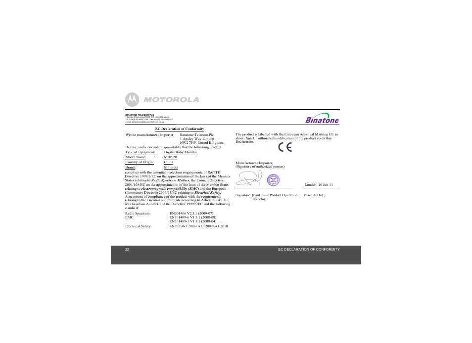 Motorola MBP20 User Manual | Page 22 / 23