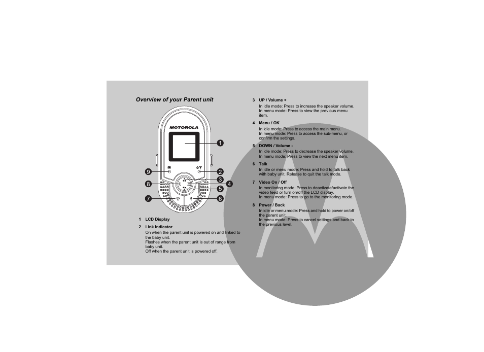 Overview of your parent unit | Motorola MBP20 User Manual | Page 3 / 23