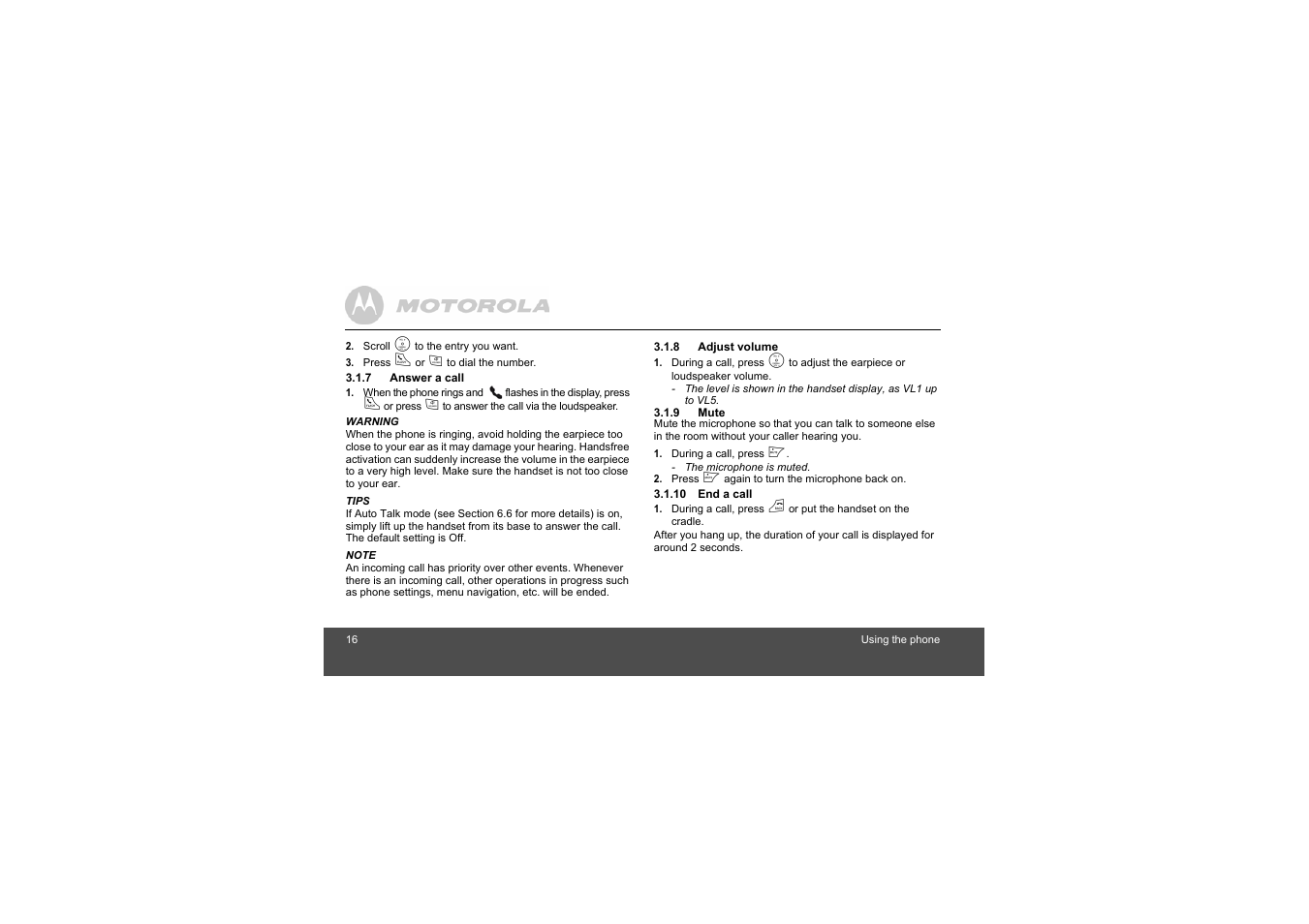 7 answer a call, 8 adjust volume, 9 mute | 10 end a call | Motorola L305 User Manual | Page 16 / 43