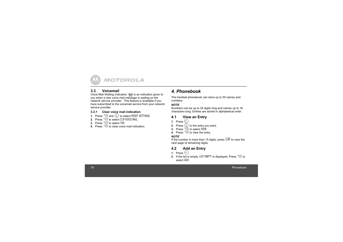 3 voicemail, 1 clear voice mail indication, Phonebook | 1 view an entry, 2 add an entry | Motorola L305 User Manual | Page 18 / 43