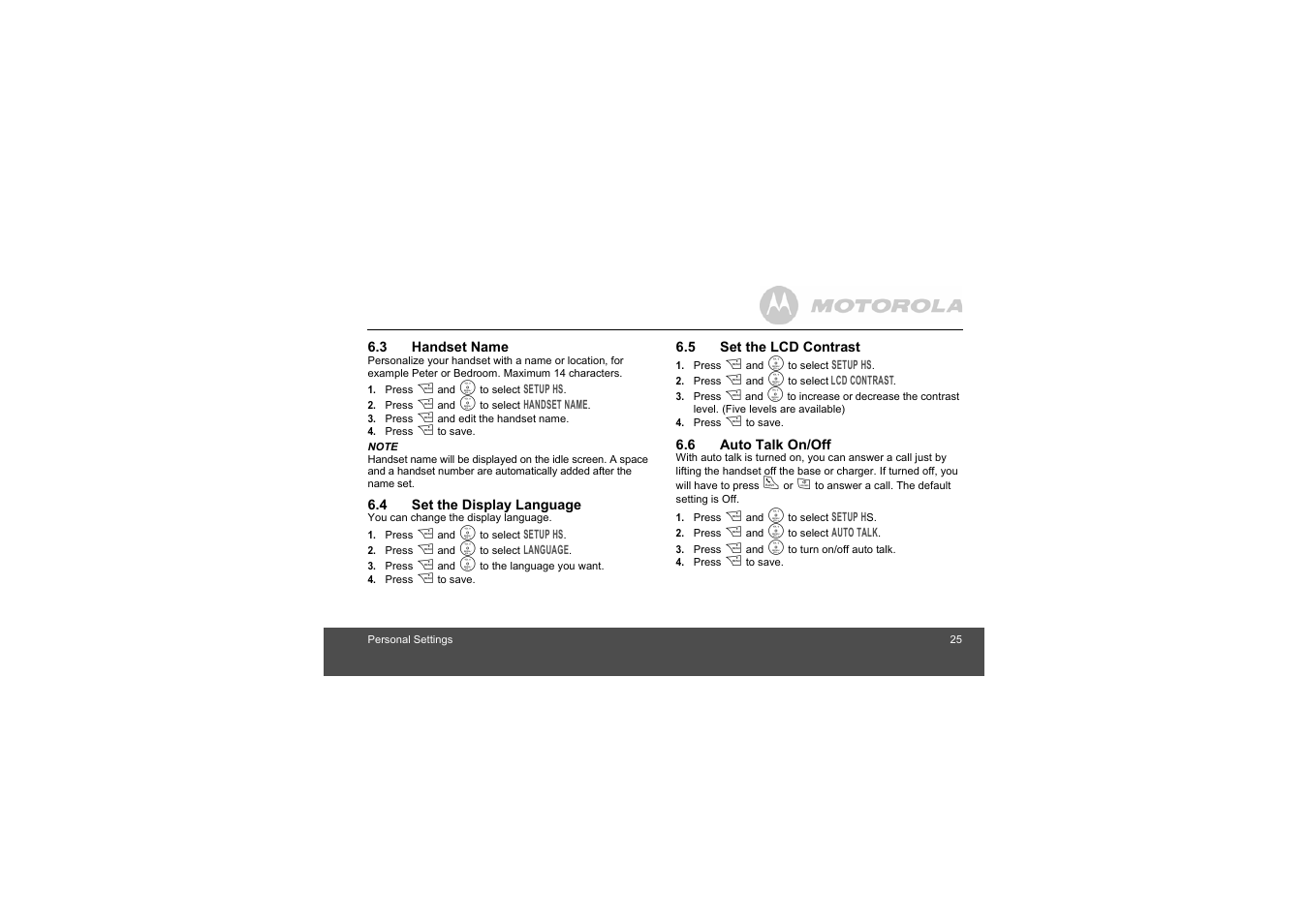 3 handset name, 4 set the display language, 5 set the lcd contrast | 6 auto talk on/off | Motorola L305 User Manual | Page 25 / 43