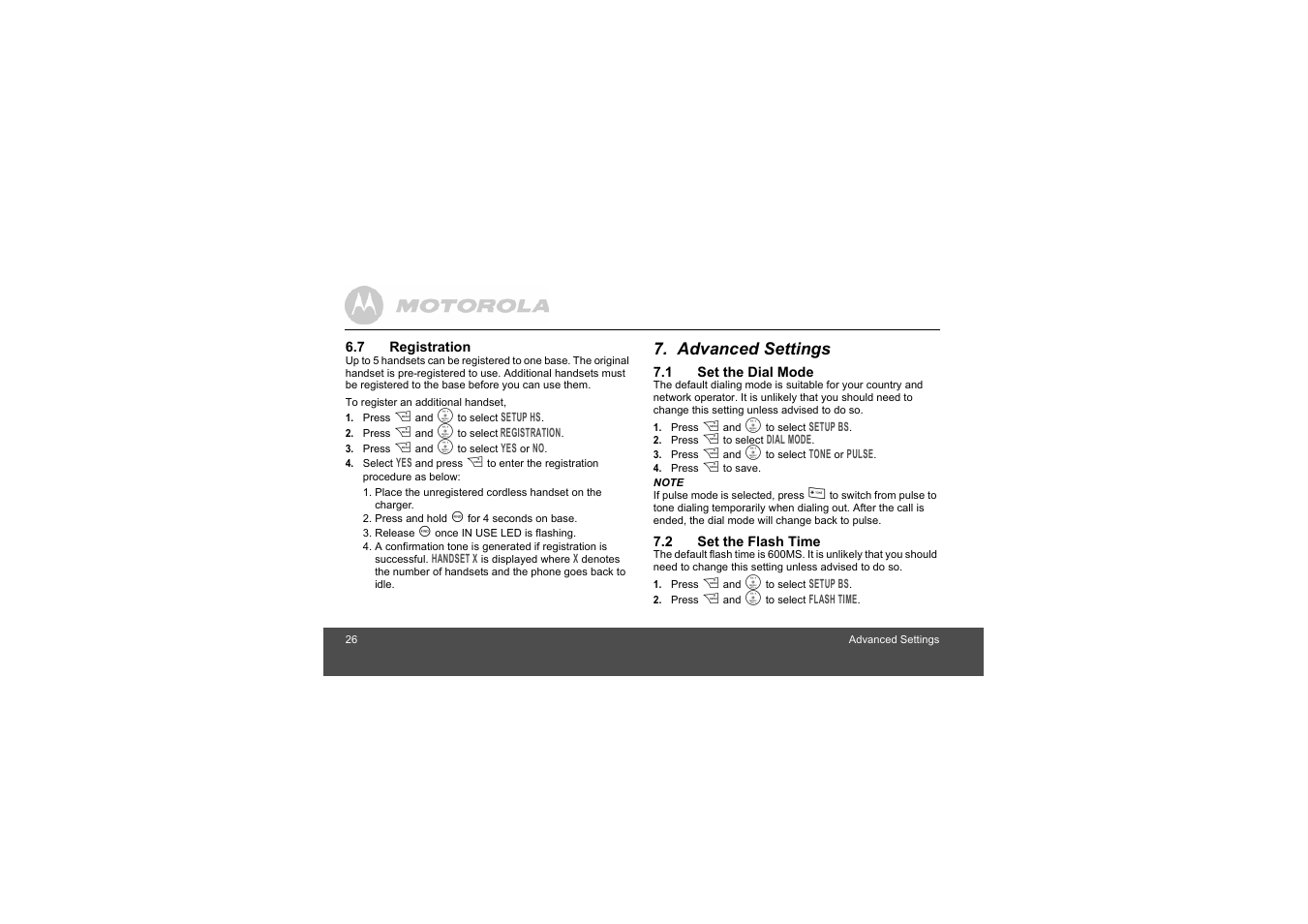 7 registration, Advanced settings, 1 set the dial mode | 2 set the flash time | Motorola L305 User Manual | Page 26 / 43
