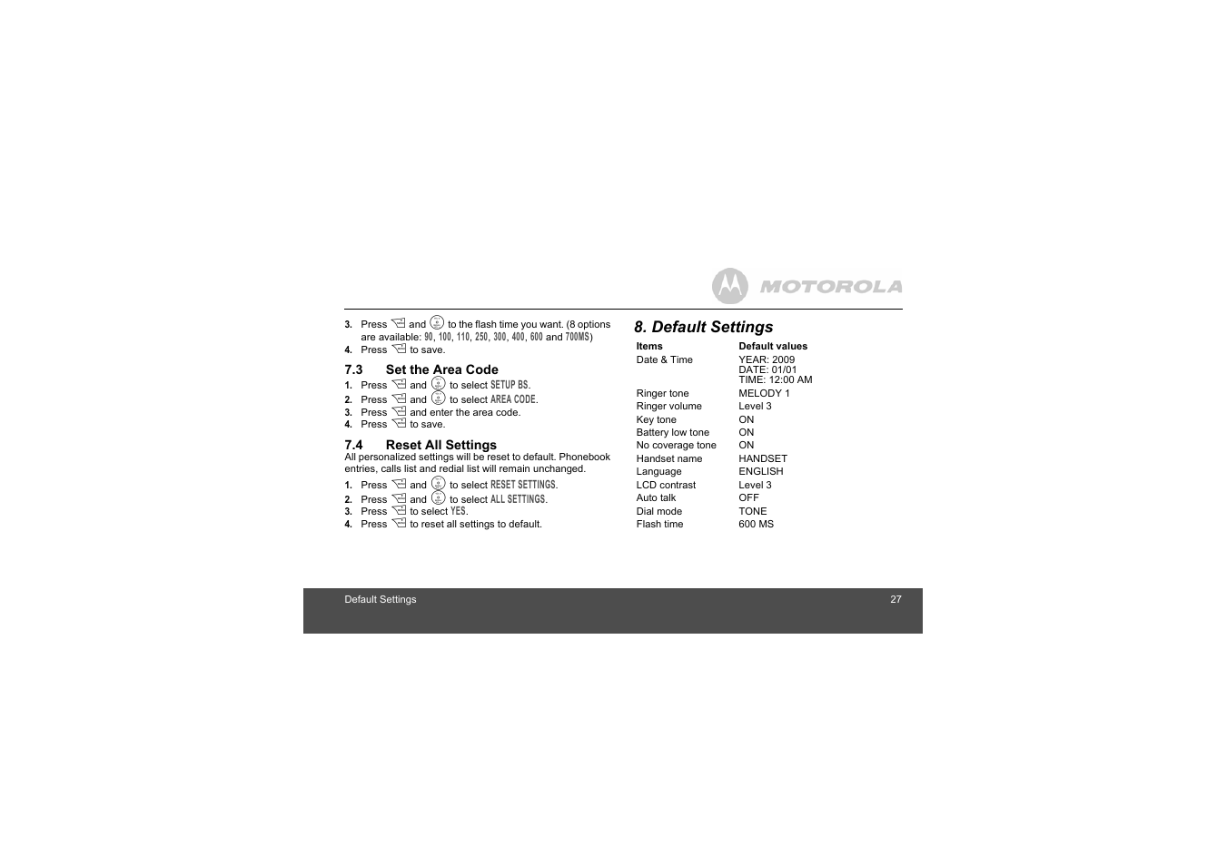 3 set the area code, 4 reset all settings, Default settings | Motorola L305 User Manual | Page 27 / 43
