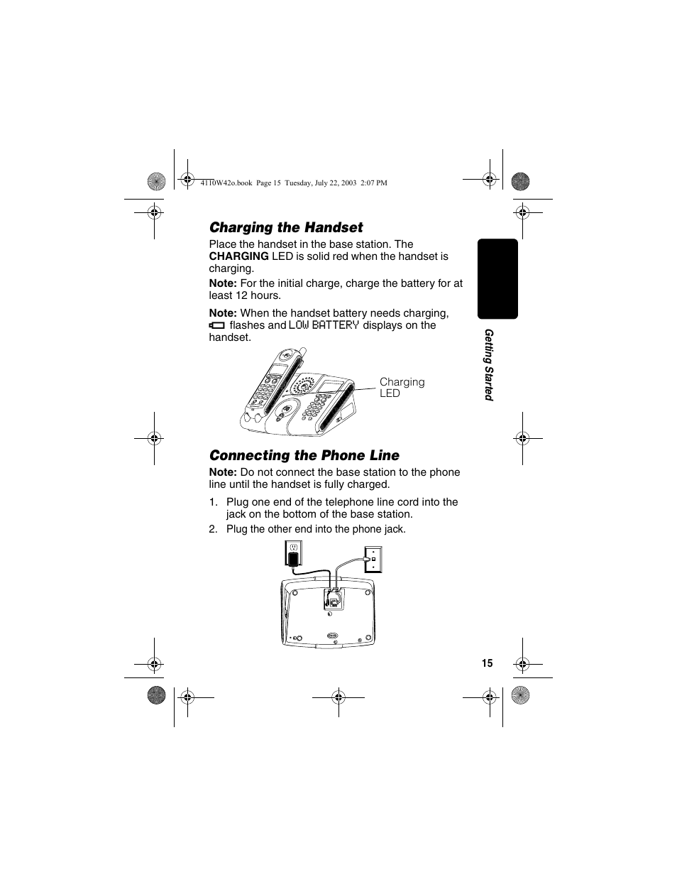 Charging the handset, Connecting the phone line, Charging the handset connecting the phone line | Motorola MD670 Series User Manual | Page 17 / 60