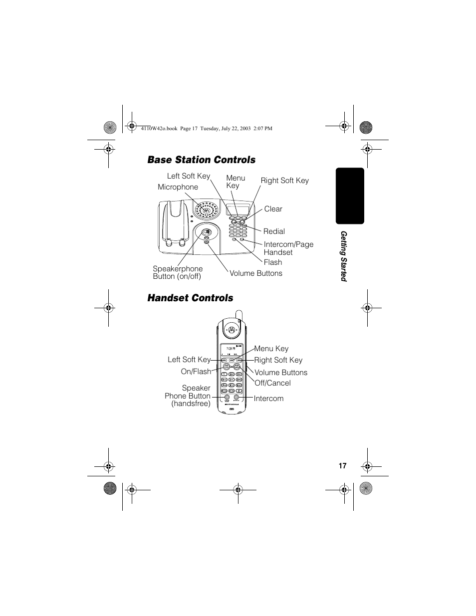 Base station controls, Handset controls, Base station controls handset controls | Motorola MD670 Series User Manual | Page 19 / 60