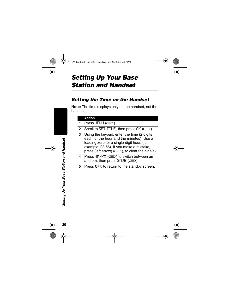 Setting up your base station and handset, Setting the time on the handset | Motorola MD670 Series User Manual | Page 22 / 60