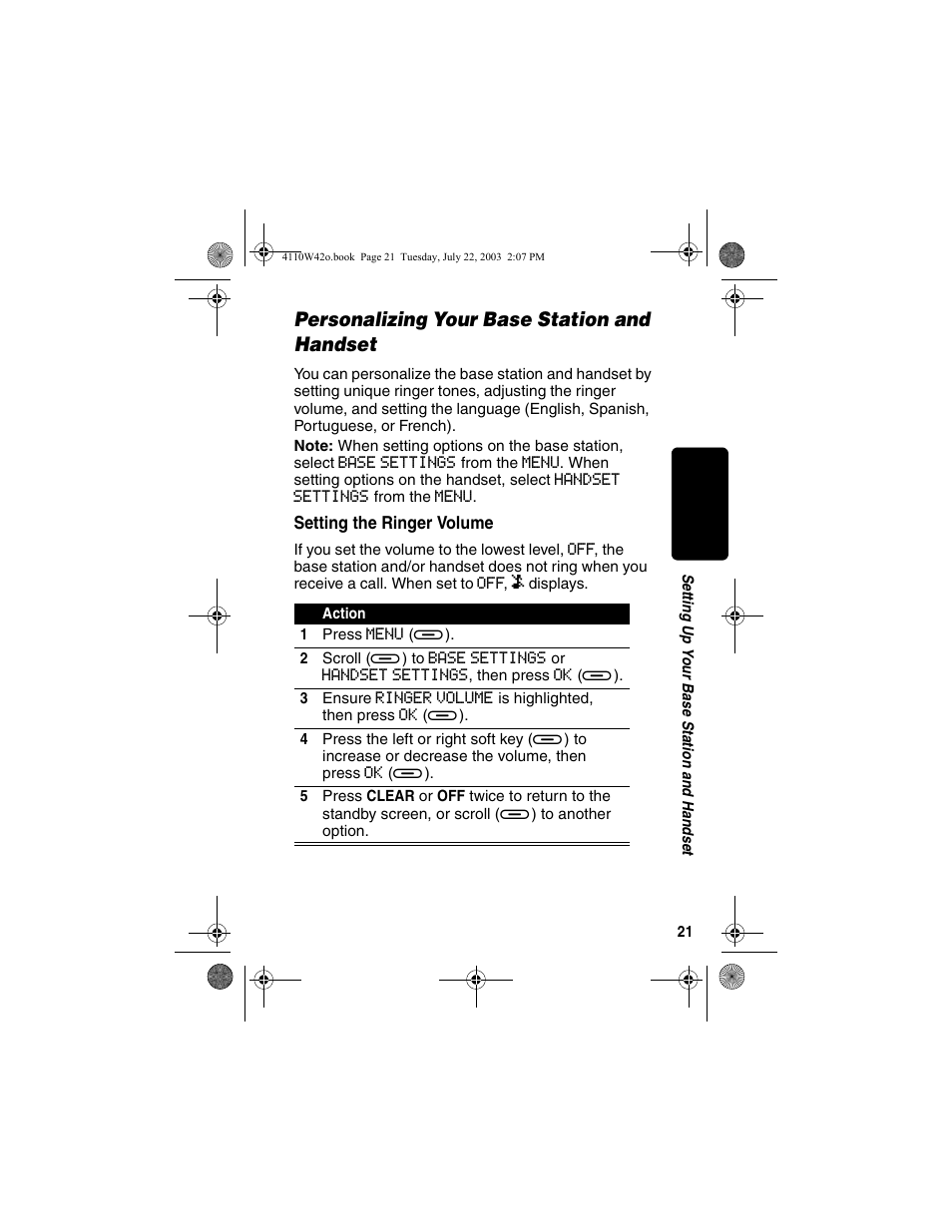 Personalizing your base station and handset, Setting the ringer volume | Motorola MD670 Series User Manual | Page 23 / 60