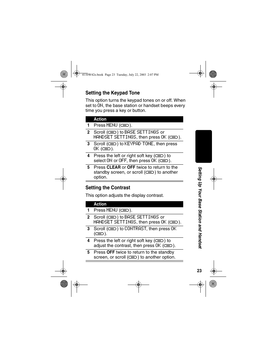 Setting the keypad tone, Setting the contrast, Setting the keypad tone setting the contrast | Motorola MD670 Series User Manual | Page 25 / 60