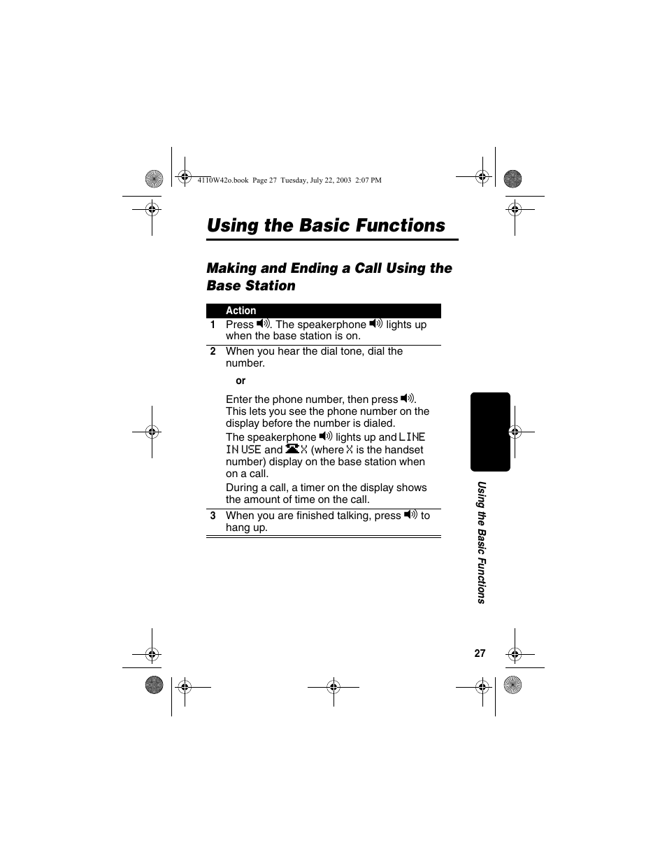 Using the basic functions, Making and ending a call using the base station | Motorola MD670 Series User Manual | Page 29 / 60
