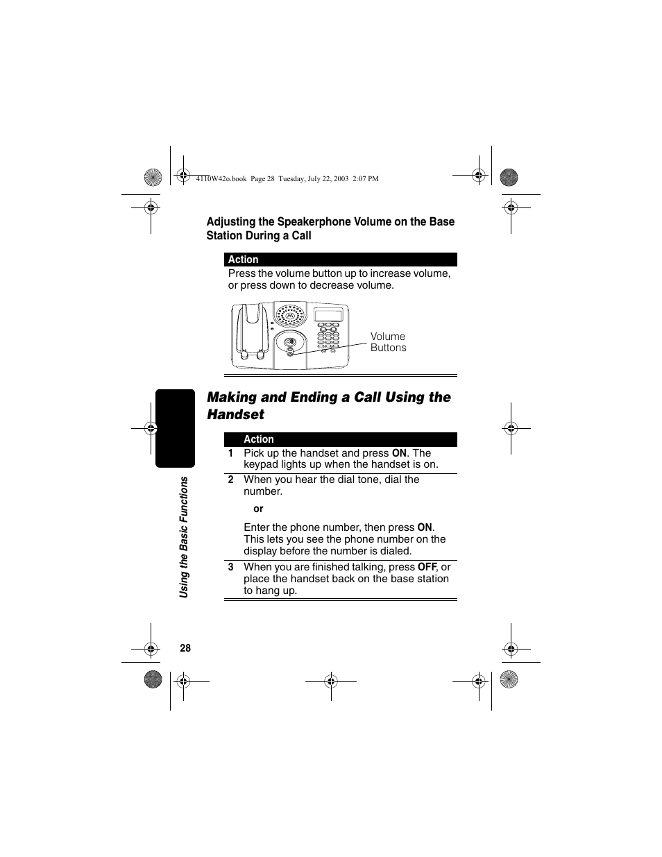 Making and ending a call using the handset, Adjusting the speakerphone volume, On the base station during a call | Motorola MD670 Series User Manual | Page 30 / 60