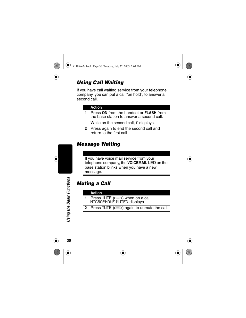 Using call waiting, Message waiting, Muting a call | Using call waiting message waiting muting a call, Message waiting muting a call | Motorola MD670 Series User Manual | Page 32 / 60