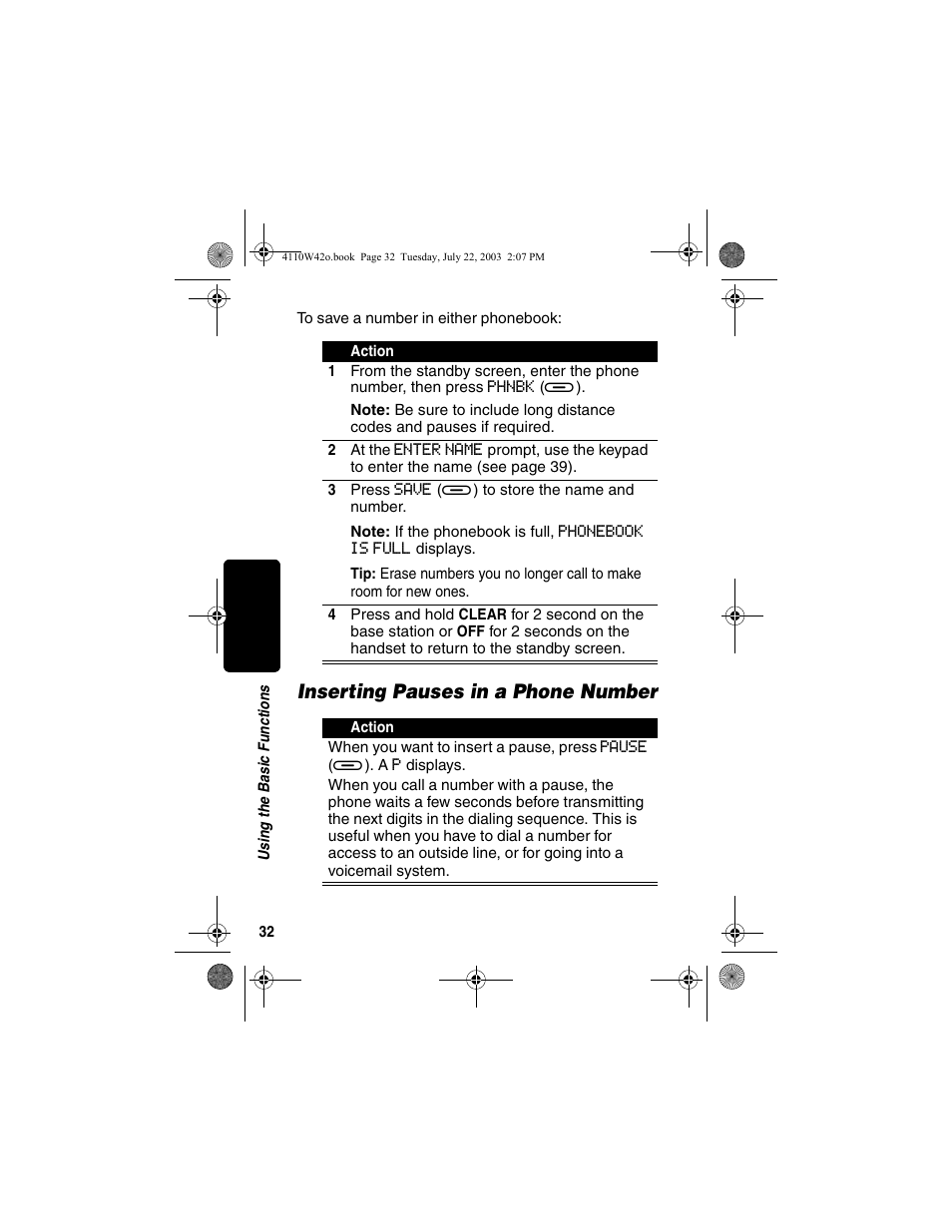 Inserting pauses in a phone number | Motorola MD670 Series User Manual | Page 34 / 60