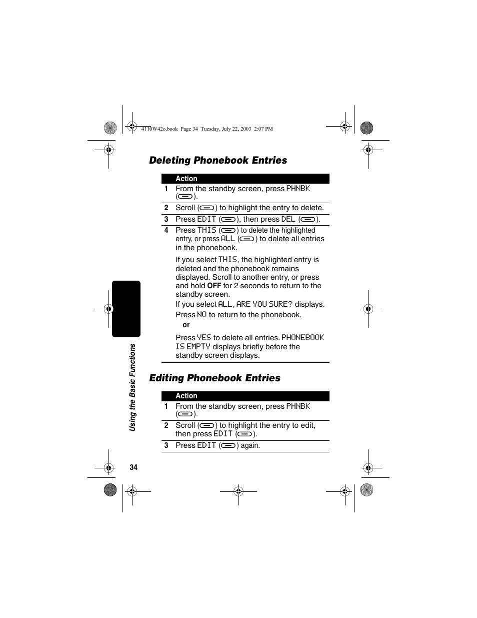 Deleting phonebook entries, Editing phonebook entries | Motorola MD670 Series User Manual | Page 36 / 60