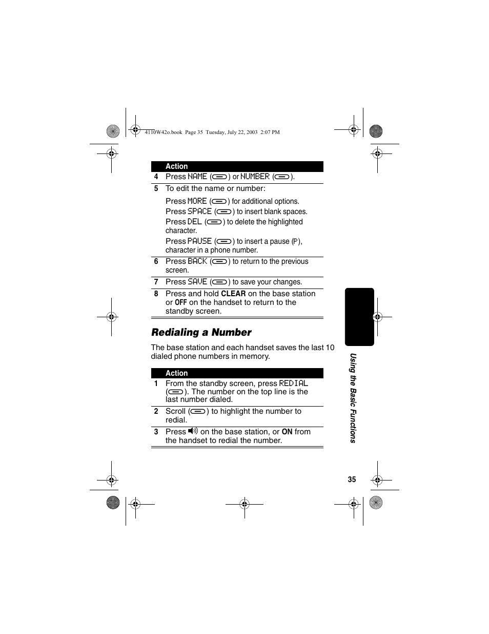 Redialing a number | Motorola MD670 Series User Manual | Page 37 / 60