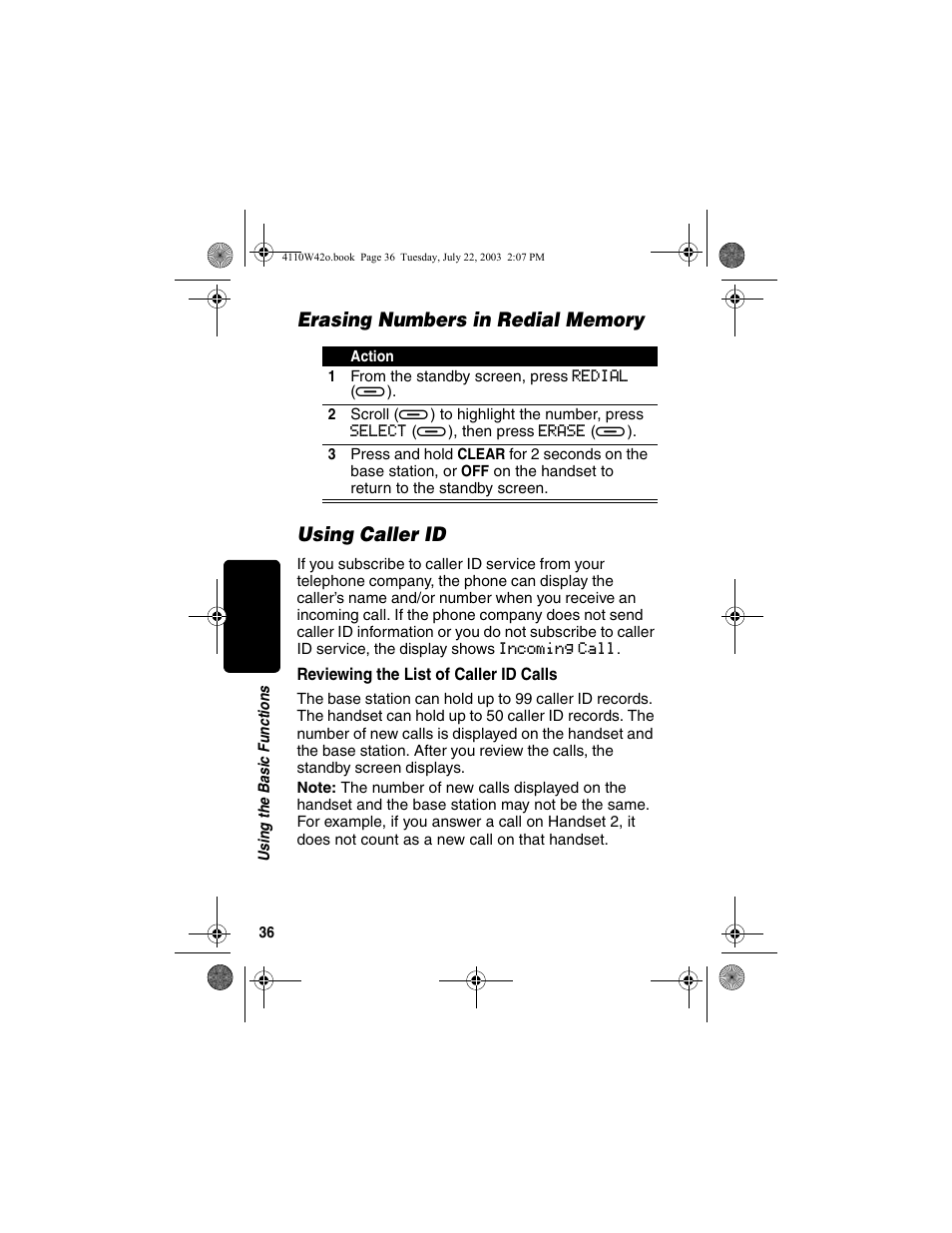 Erasing numbers in redial memory, Using caller id, Reviewing the list of caller id calls | Erasing numbers in redial memory using caller id | Motorola MD670 Series User Manual | Page 38 / 60