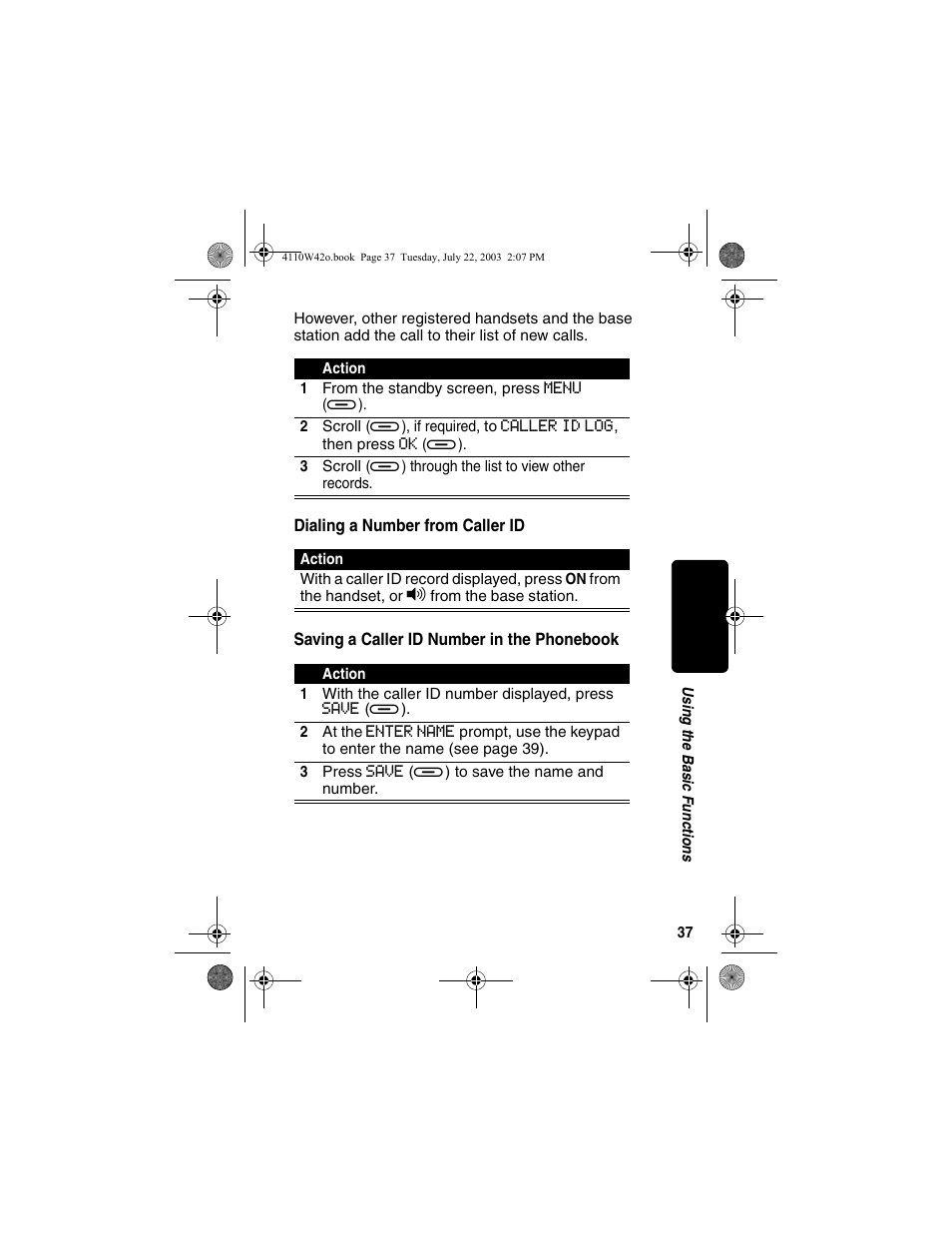 Dialing a number from caller id, Saving a caller id number in the phonebook | Motorola MD670 Series User Manual | Page 39 / 60