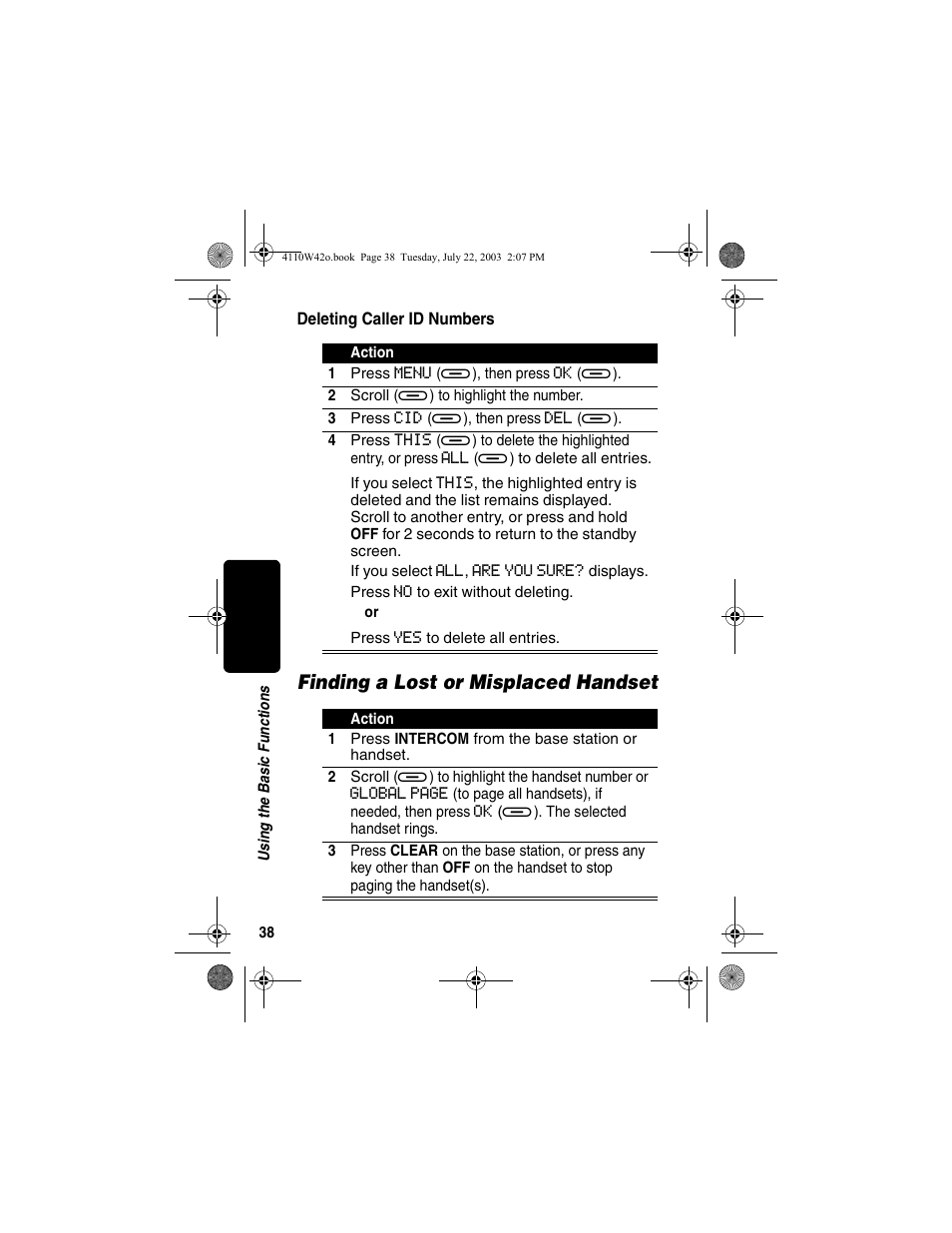 Deleting caller id numbers, Finding a lost or misplaced handset | Motorola MD670 Series User Manual | Page 40 / 60