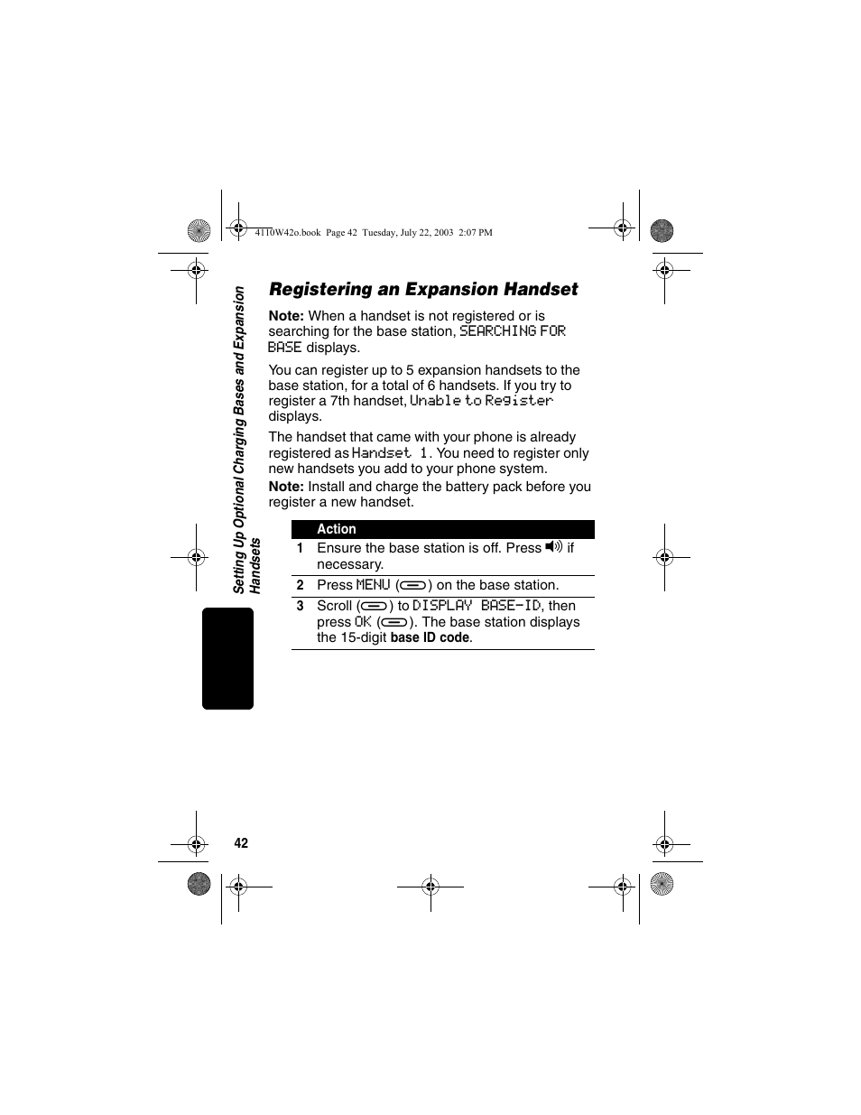 Registering an expansion handset | Motorola MD670 Series User Manual | Page 44 / 60