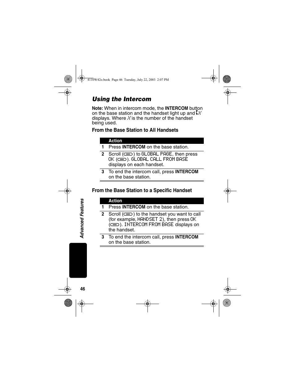 Using the intercom, From the base station to all handsets, From the base station to a specific handset | Motorola MD670 Series User Manual | Page 48 / 60