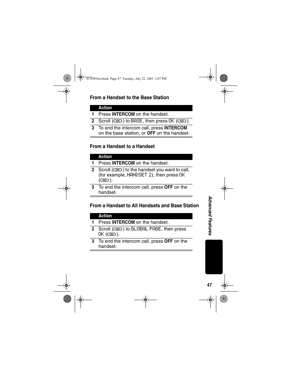 From a handset to the base station, From a handset to a handset, From a handset to all handsets and base station | And base station | Motorola MD670 Series User Manual | Page 49 / 60