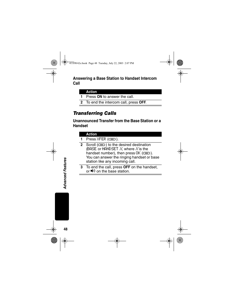Answering a base station to handset intercom call, Transferring calls, Answering a base station to | Handset intercom call, Unannounced transfer from the, Base station or a handset | Motorola MD670 Series User Manual | Page 50 / 60