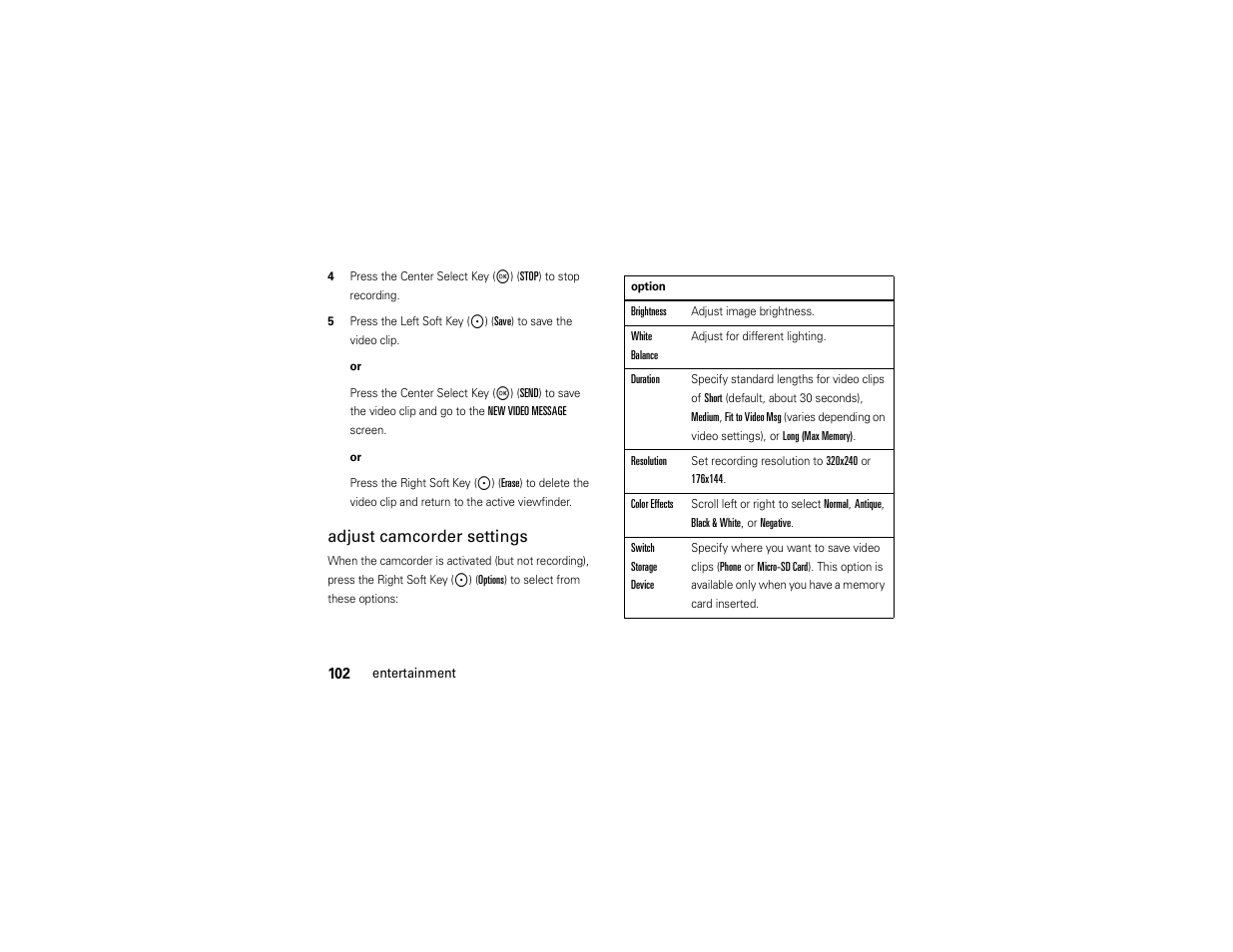 Adjust camcorder settings | Motorola ADVENTURE V750 User Manual | Page 104 / 334