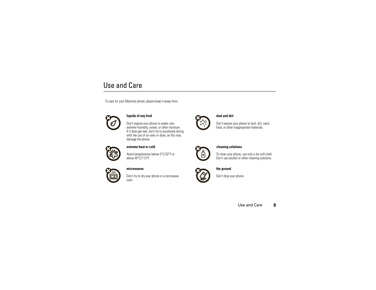 Use and care | Motorola ADVENTURE V750 User Manual | Page 11 / 334