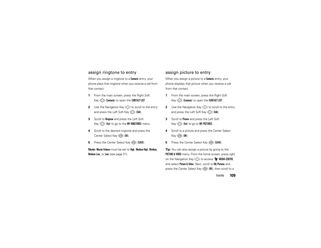 Assign ringtone to entry, Assign picture to entry | Motorola ADVENTURE V750 User Manual | Page 111 / 334