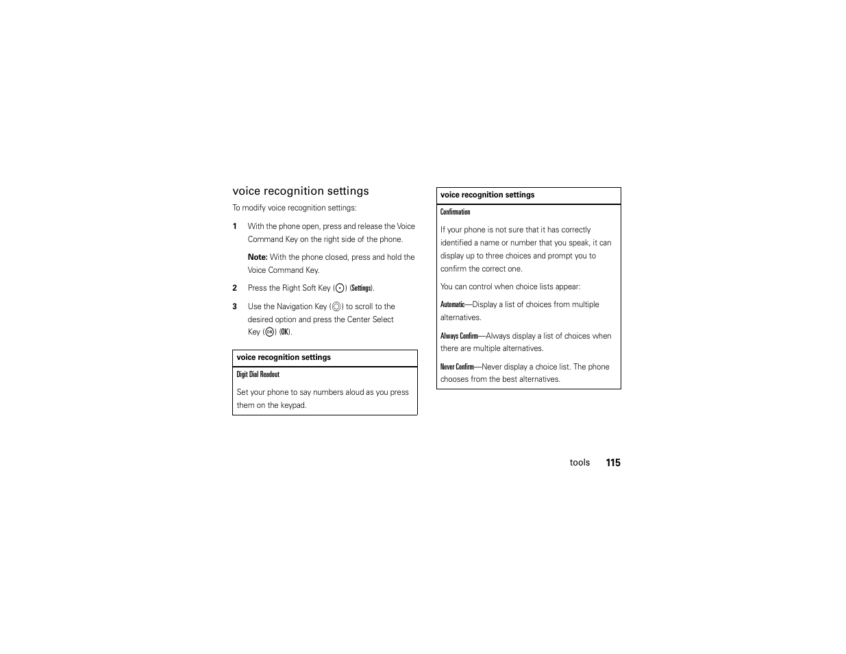 Voice recognition settings | Motorola ADVENTURE V750 User Manual | Page 117 / 334