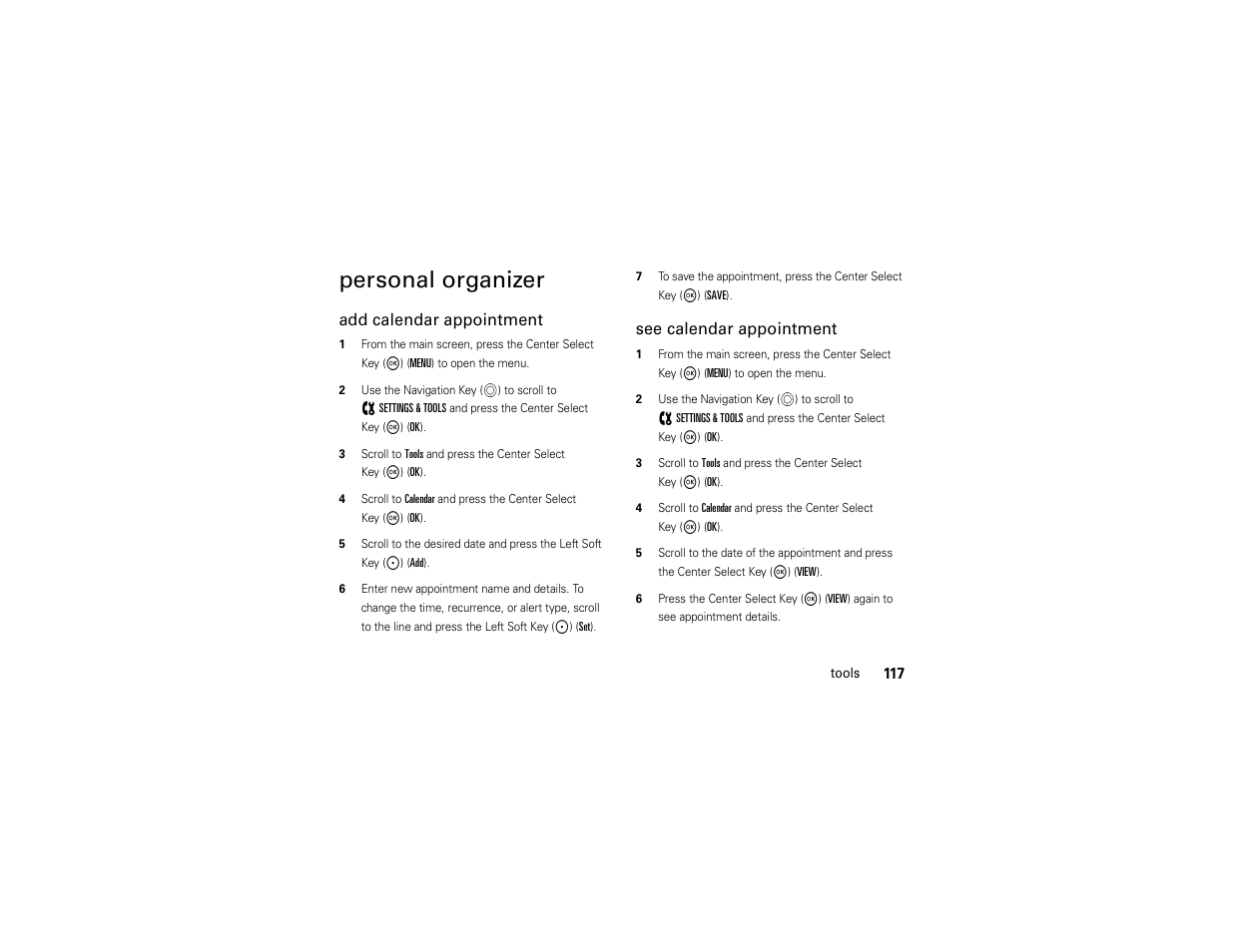 Personal organizer, Add calendar appointment, See calendar appointment | Motorola ADVENTURE V750 User Manual | Page 119 / 334