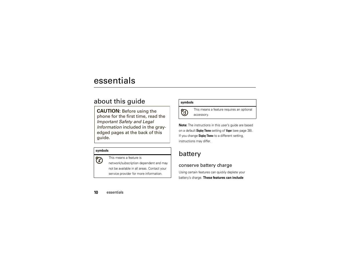 Essentials, About this guide, Battery | Motorola ADVENTURE V750 User Manual | Page 12 / 334