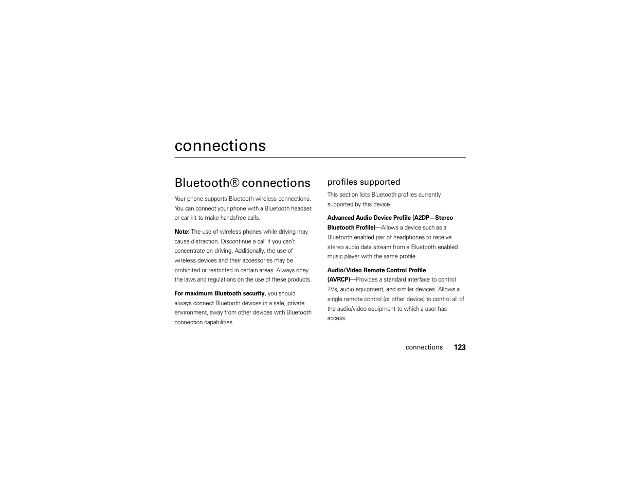 Connections, Bluetooth® connections | Motorola ADVENTURE V750 User Manual | Page 125 / 334