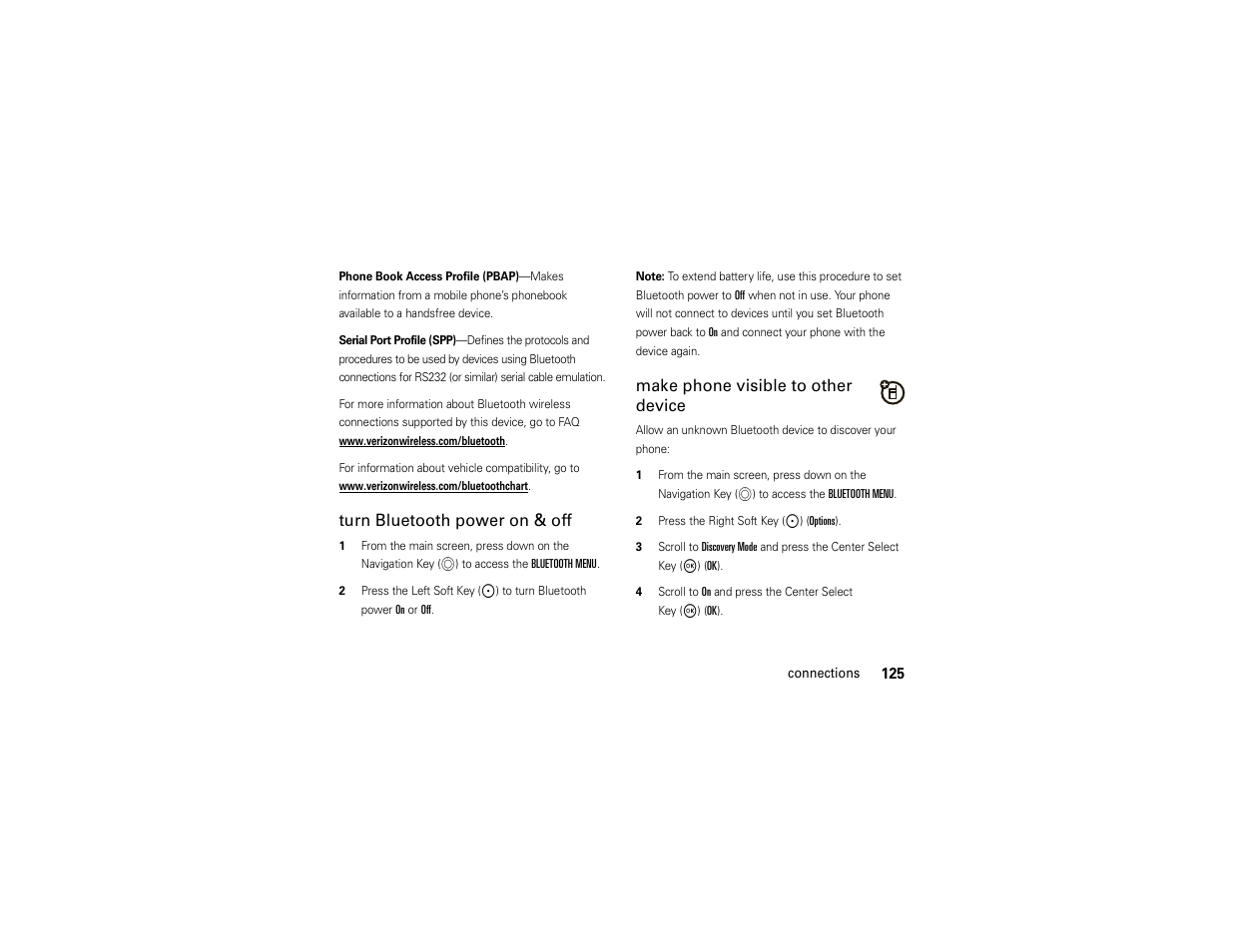 Turn bluetooth power on & off, Make phone visible to other device | Motorola ADVENTURE V750 User Manual | Page 127 / 334