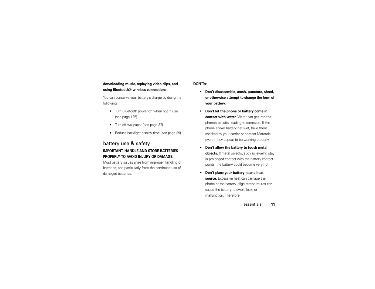 Battery use & safety | Motorola ADVENTURE V750 User Manual | Page 13 / 334