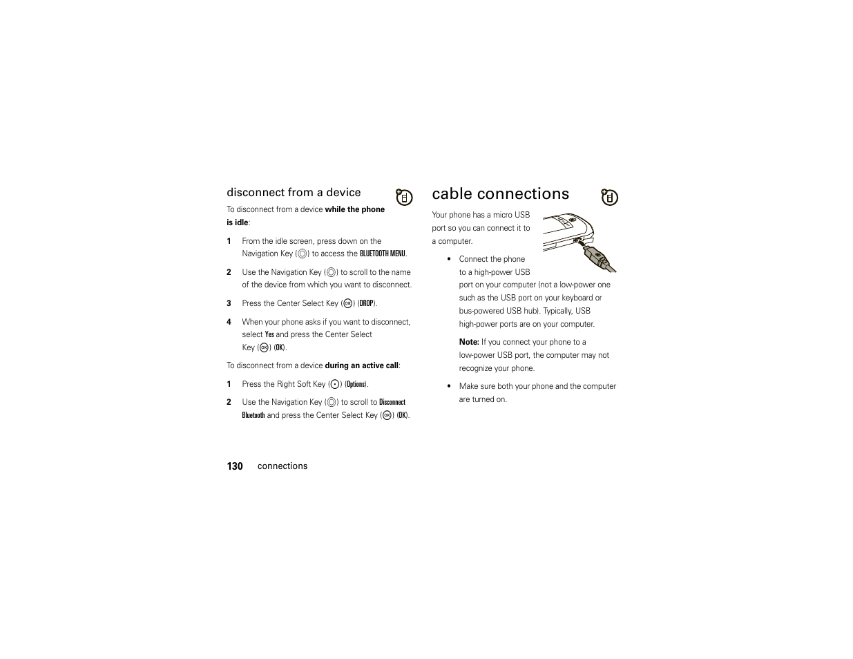 Cable connections, Disconnect from a device | Motorola ADVENTURE V750 User Manual | Page 132 / 334