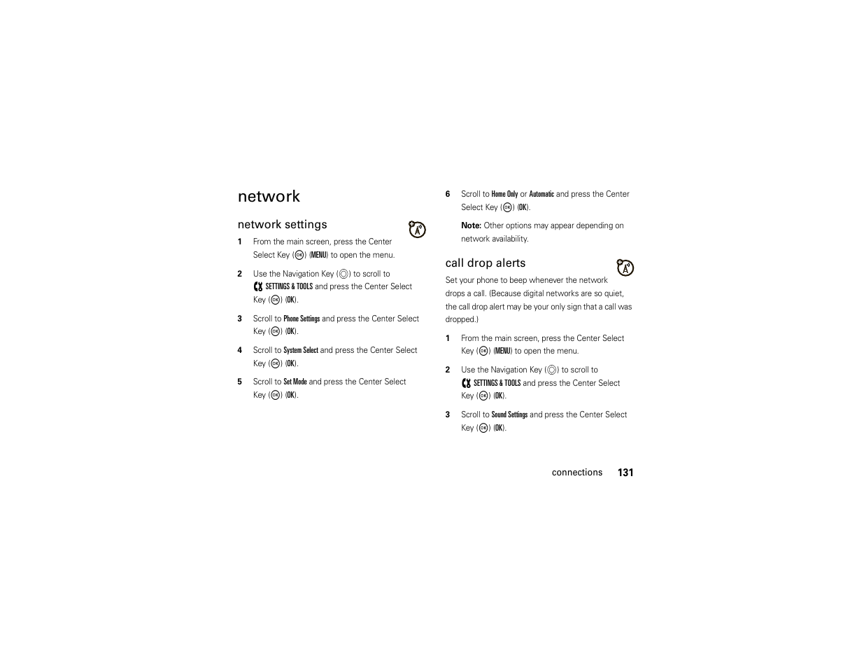Network, Network settings, Call drop alerts | Motorola ADVENTURE V750 User Manual | Page 133 / 334