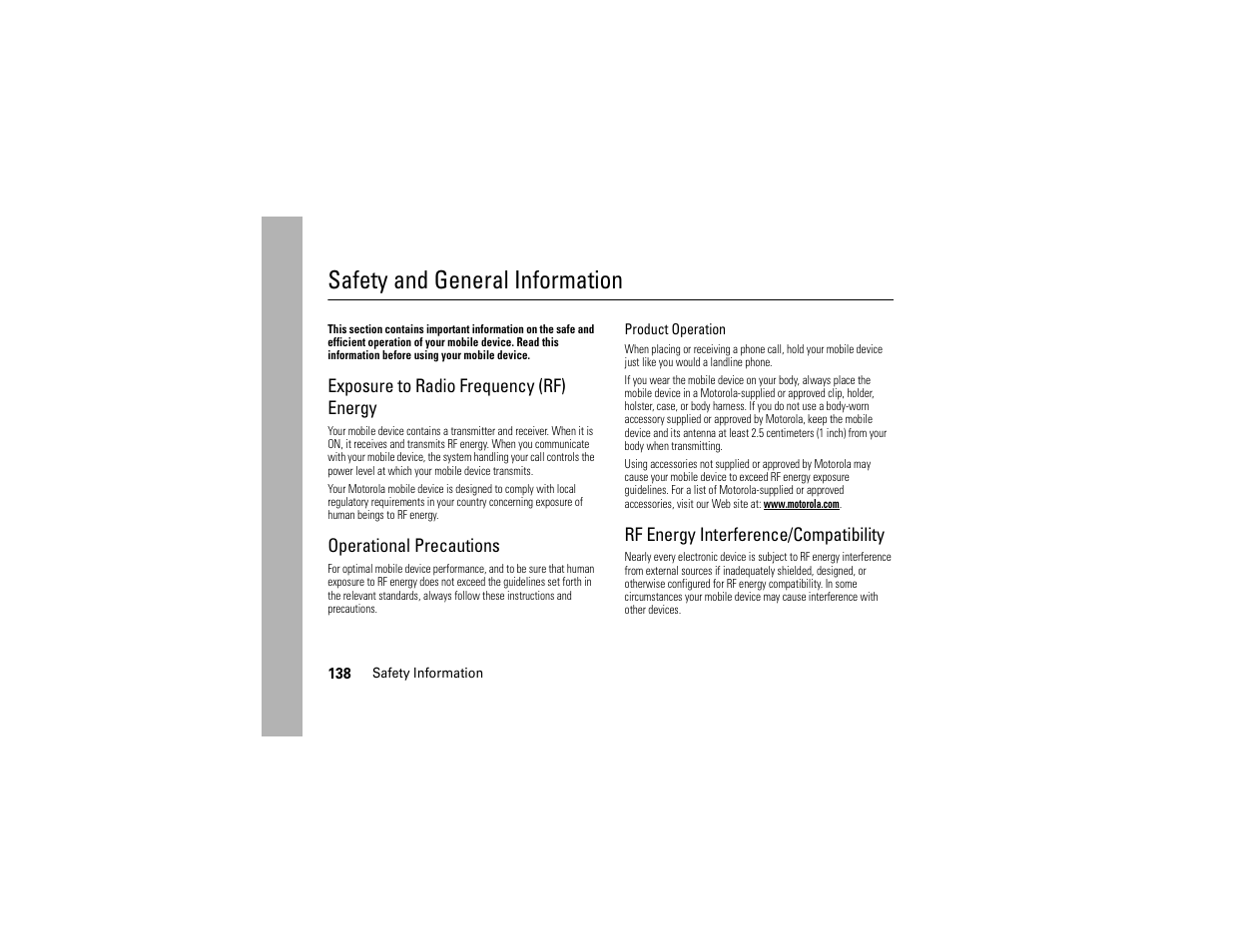 Safety information, Safety and general information, Exposure to radio frequency (rf) energy | Operational precautions, Rf energy interference/compatibility | Motorola ADVENTURE V750 User Manual | Page 140 / 334