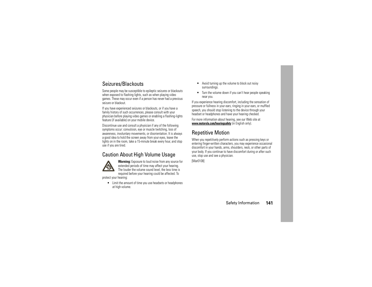 Seizures/blackouts, Caution about high volume usage, Repetitive motion | Motorola ADVENTURE V750 User Manual | Page 143 / 334