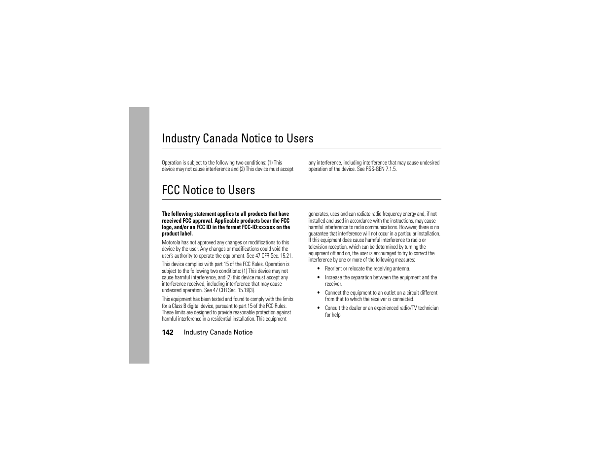 Industry canada notice, Fcc notice, Industry canada notice to users | Fcc notice to users | Motorola ADVENTURE V750 User Manual | Page 144 / 334