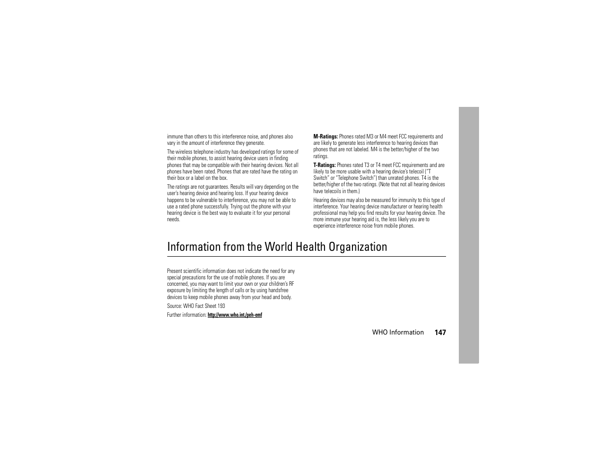 Who information, Information from the world health organization | Motorola ADVENTURE V750 User Manual | Page 149 / 334