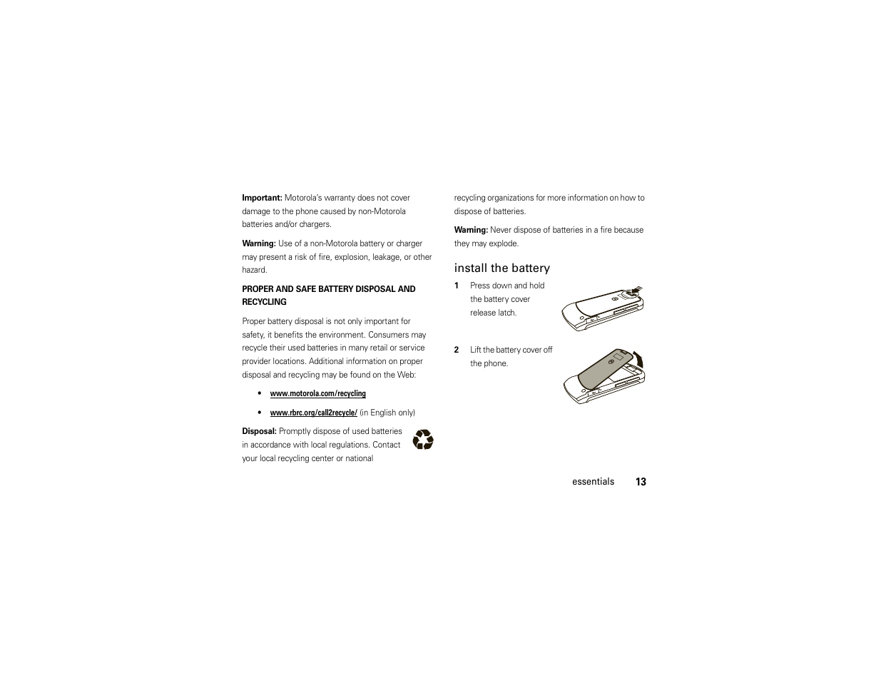 Install the battery | Motorola ADVENTURE V750 User Manual | Page 15 / 334