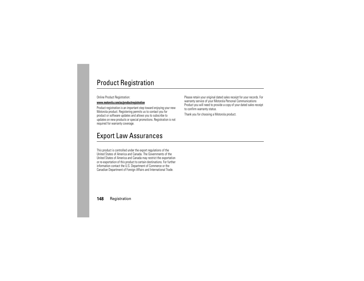 Registration, Export law, Product registration | Export law assurances | Motorola ADVENTURE V750 User Manual | Page 150 / 334