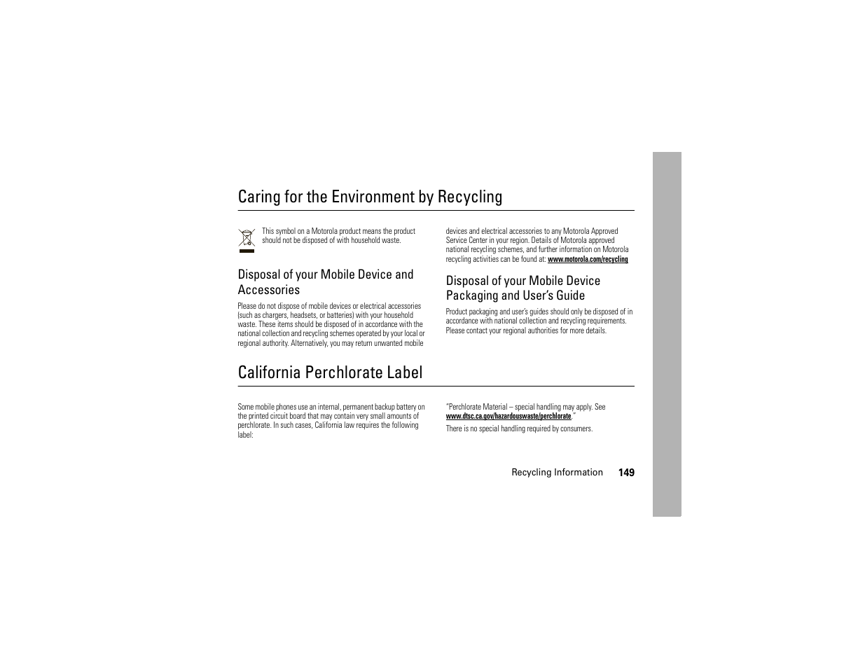 Recycling information, Perchlorate label, Caring for the environment by recycling | California perchlorate label, Disposal of your mobile device and accessories | Motorola ADVENTURE V750 User Manual | Page 151 / 334