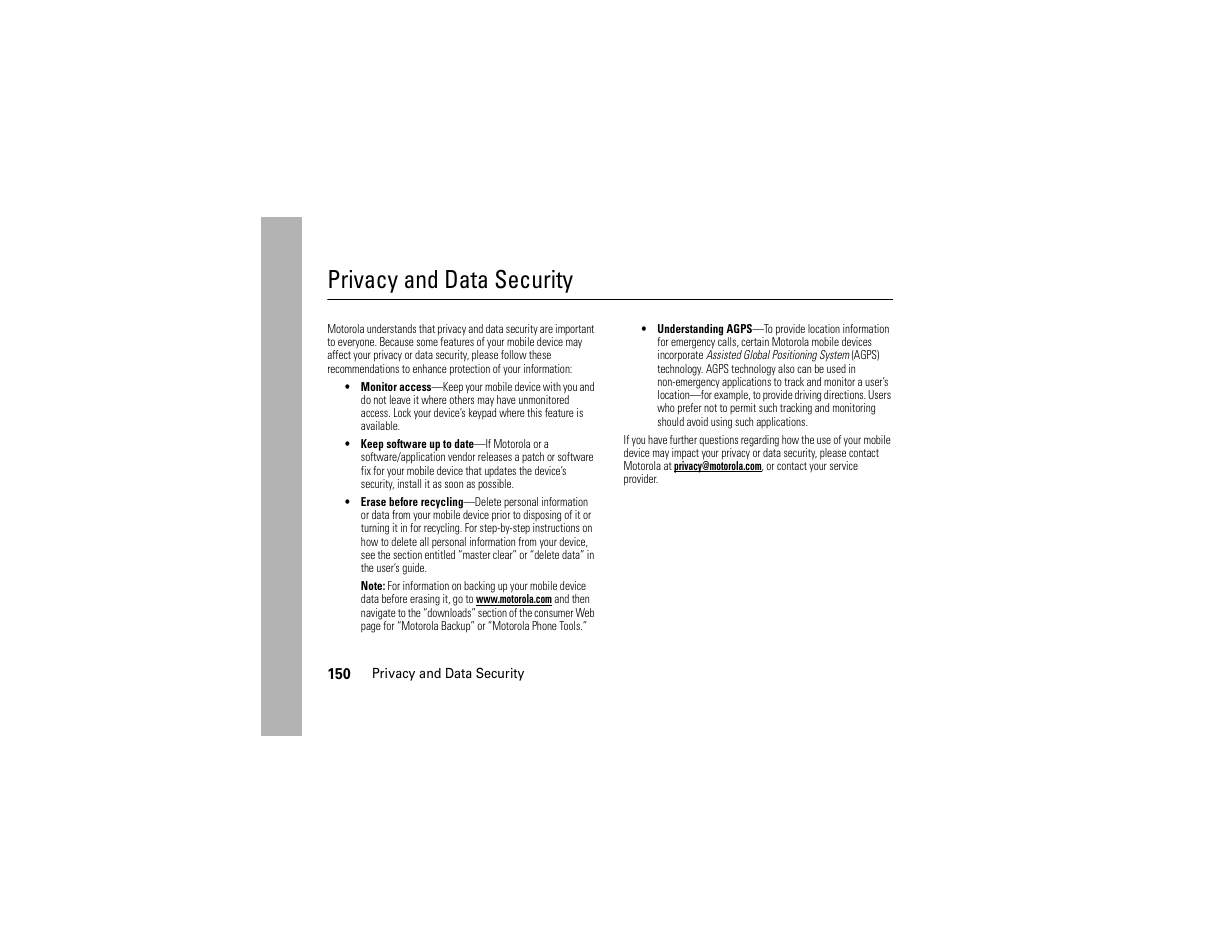 Privacy and data security | Motorola ADVENTURE V750 User Manual | Page 152 / 334