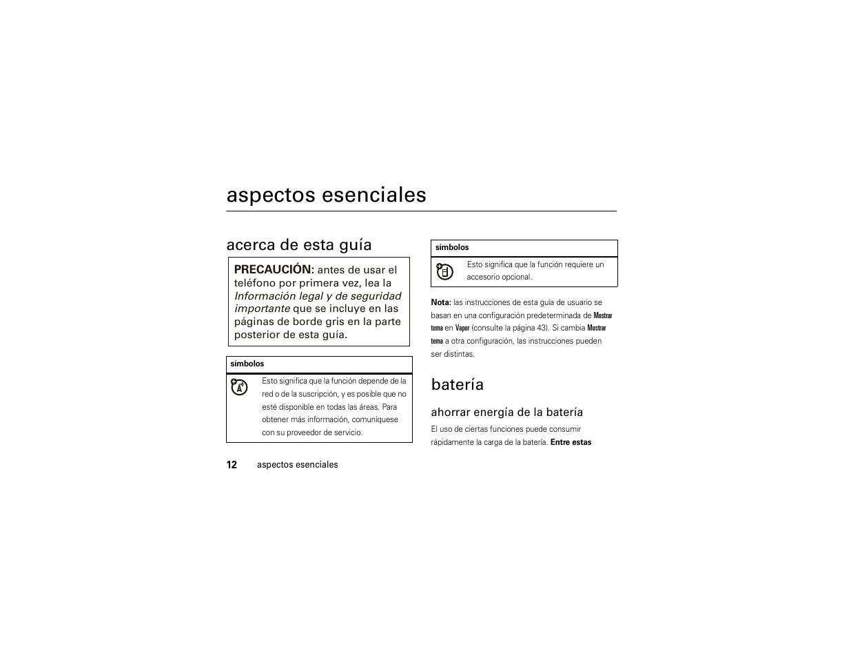 Aspectos esenciales, Acerca de esta guía, Batería | Motorola ADVENTURE V750 User Manual | Page 172 / 334