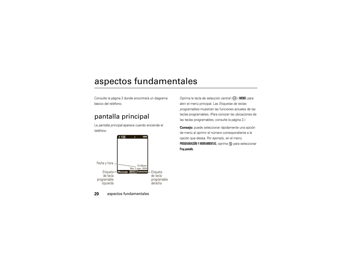 Aspectos fundamentales, Pantalla principal | Motorola ADVENTURE V750 User Manual | Page 180 / 334