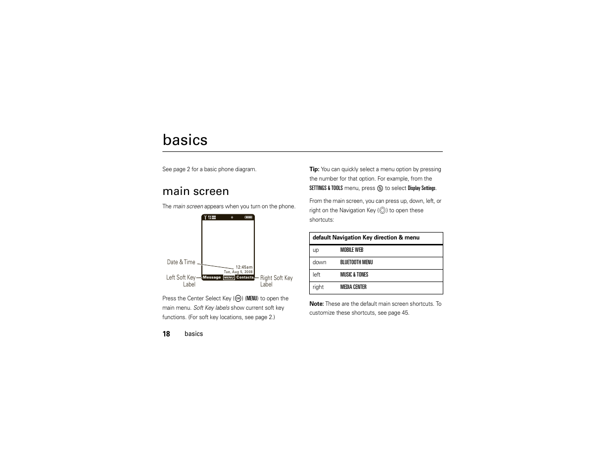 Basics, Main screen | Motorola ADVENTURE V750 User Manual | Page 20 / 334